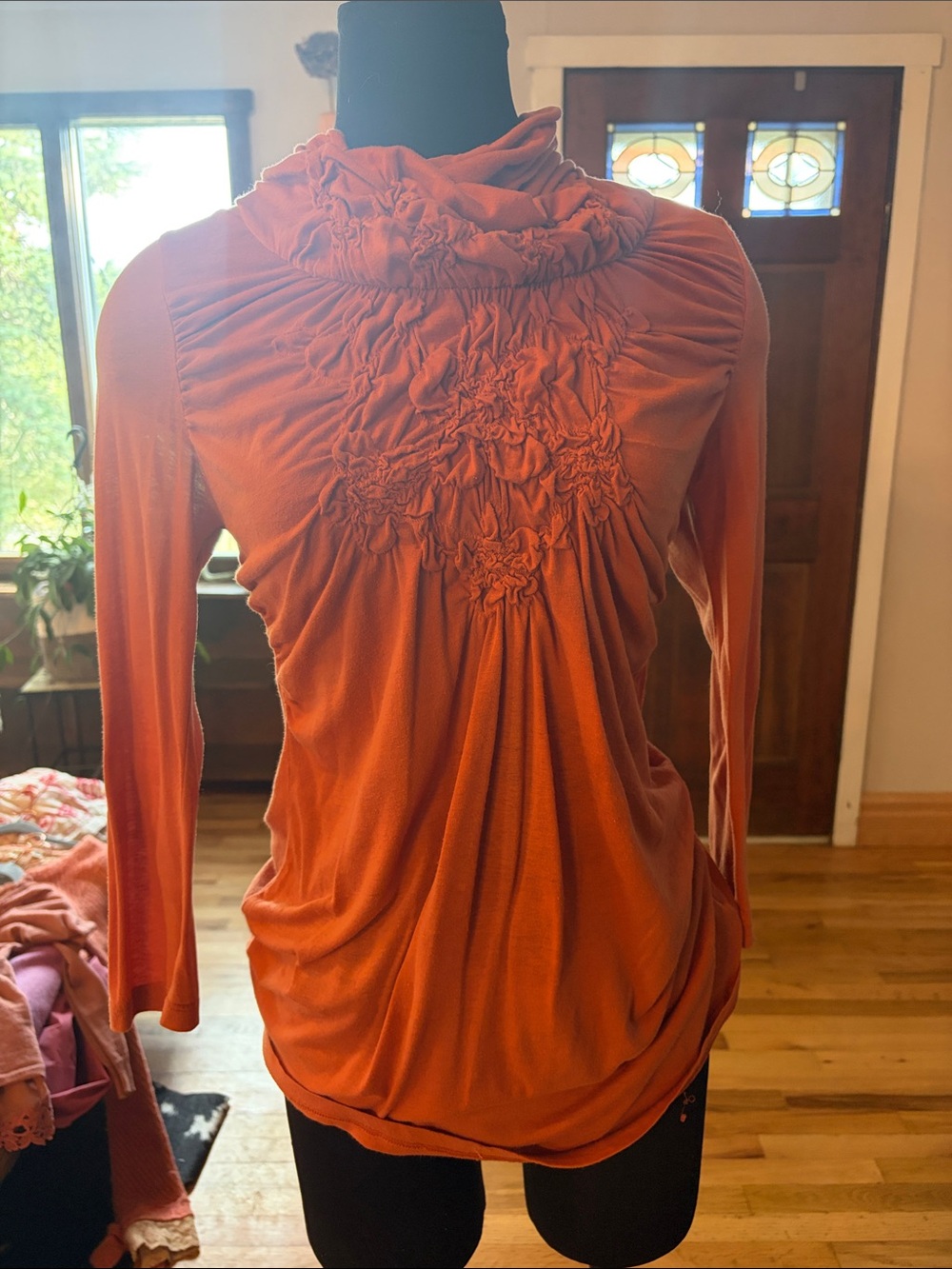 Anthropologie Deletta Women's Rust Long-Sleeve Ruched Neck Top